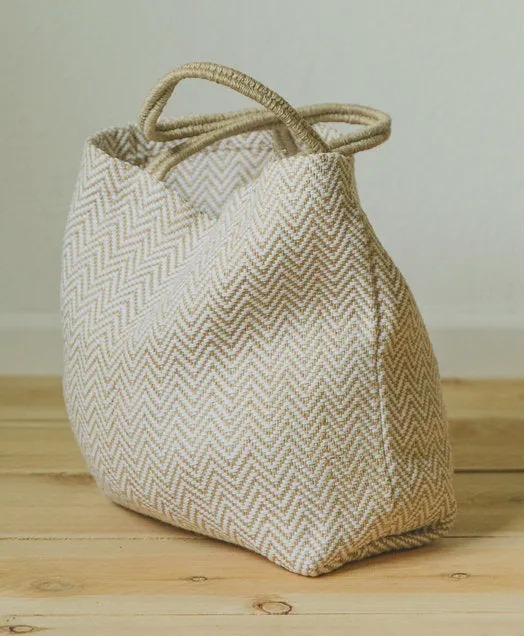White Herringbone Jute Shopper