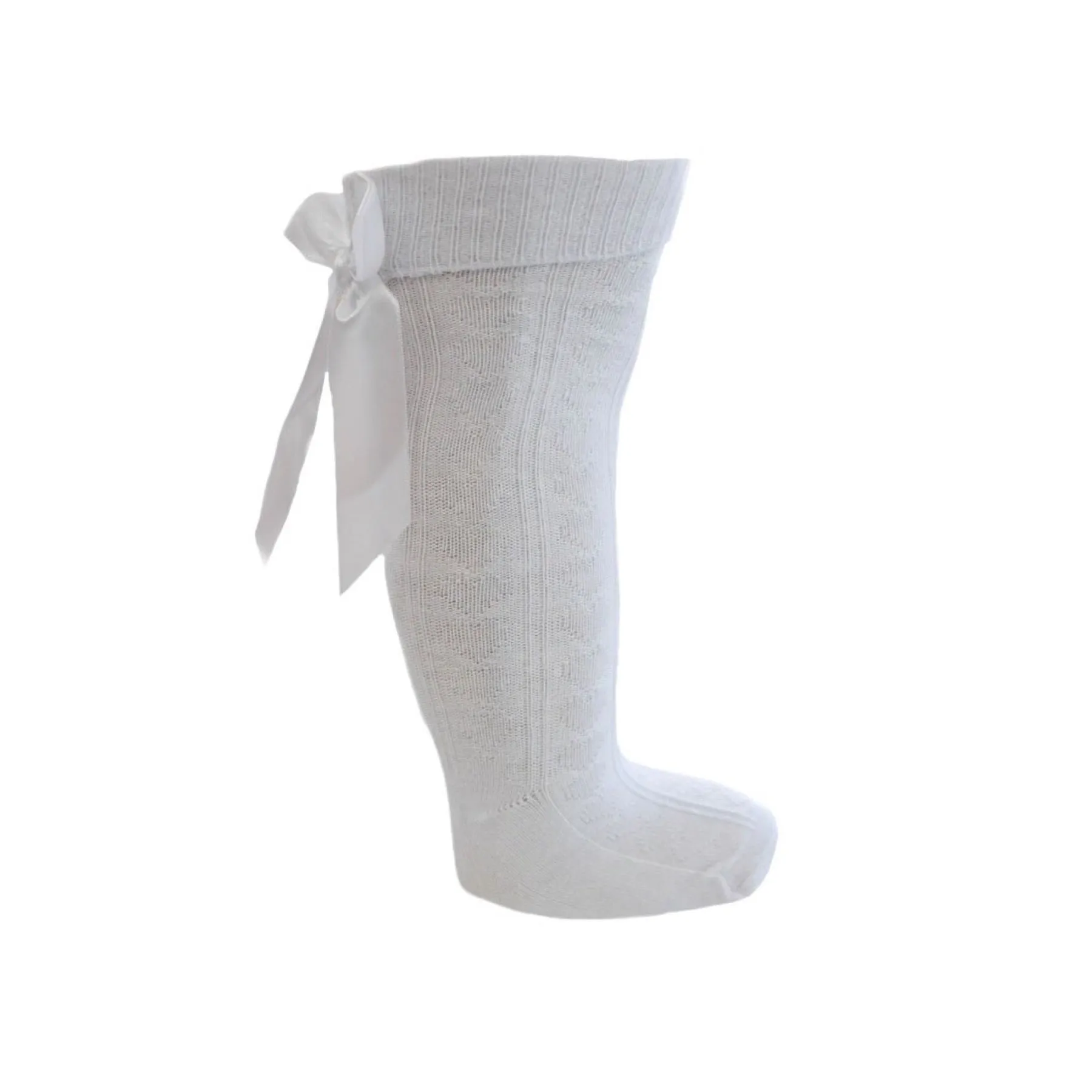 White knee length socks with satin bow (0-24 months)