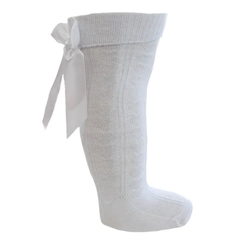 White knee length socks with satin bow (0-24 months)