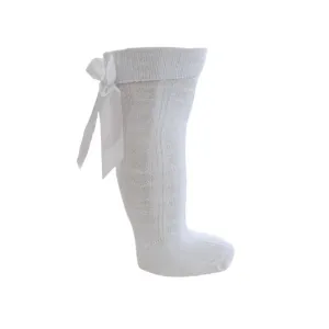 White knee length socks with satin bow (0-24 months)