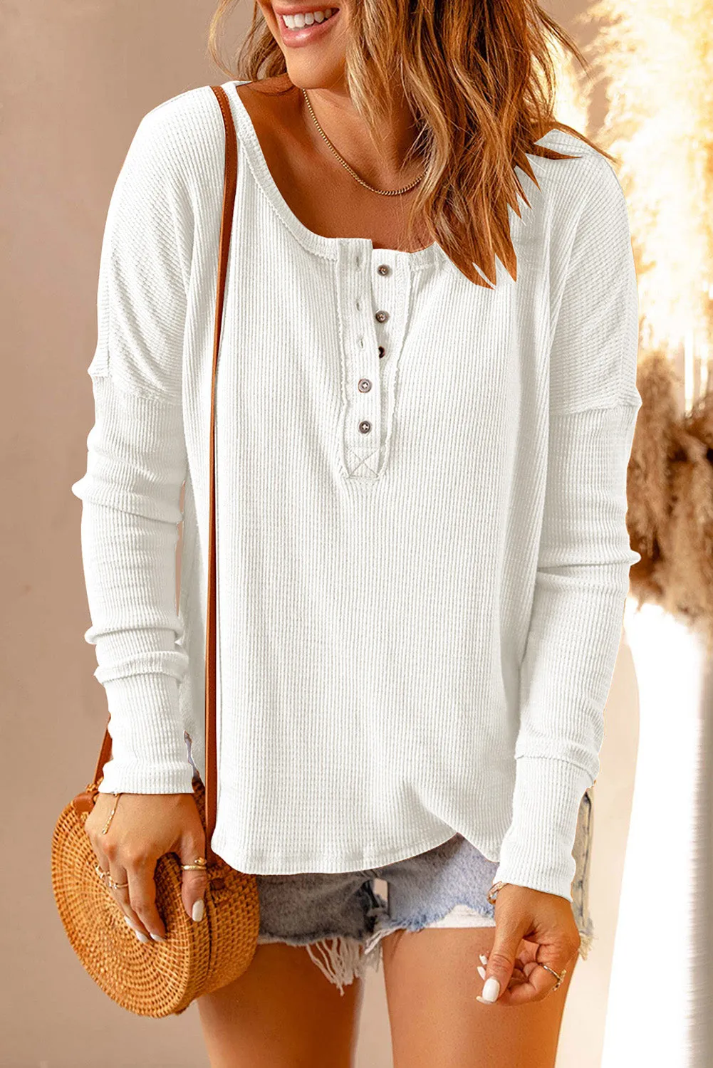 White Long Sleeve Henley Top