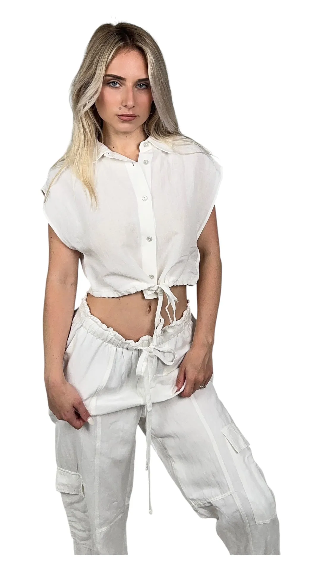 White Sleeveless Button Down Top