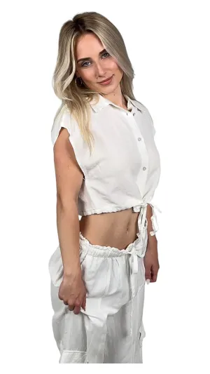 White Sleeveless Button Down Top