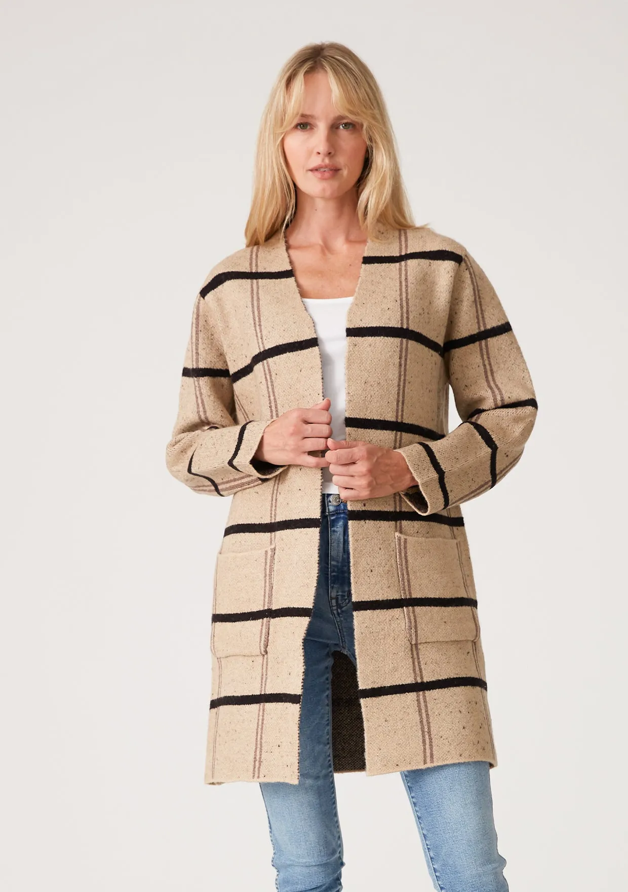 Window Pane  Long Sleeve Open Front Cardigan