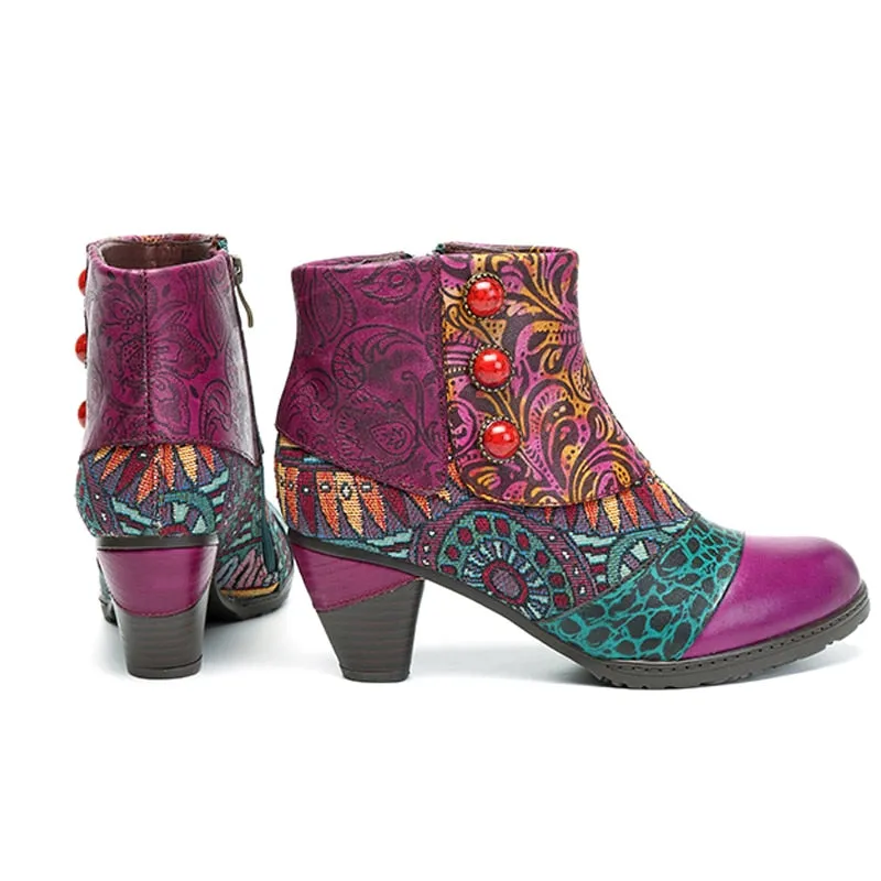 Women's Bohemian Fashion Leather Square Heels Ankle Boots