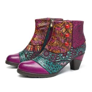 Women's Bohemian Fashion Leather Square Heels Ankle Boots