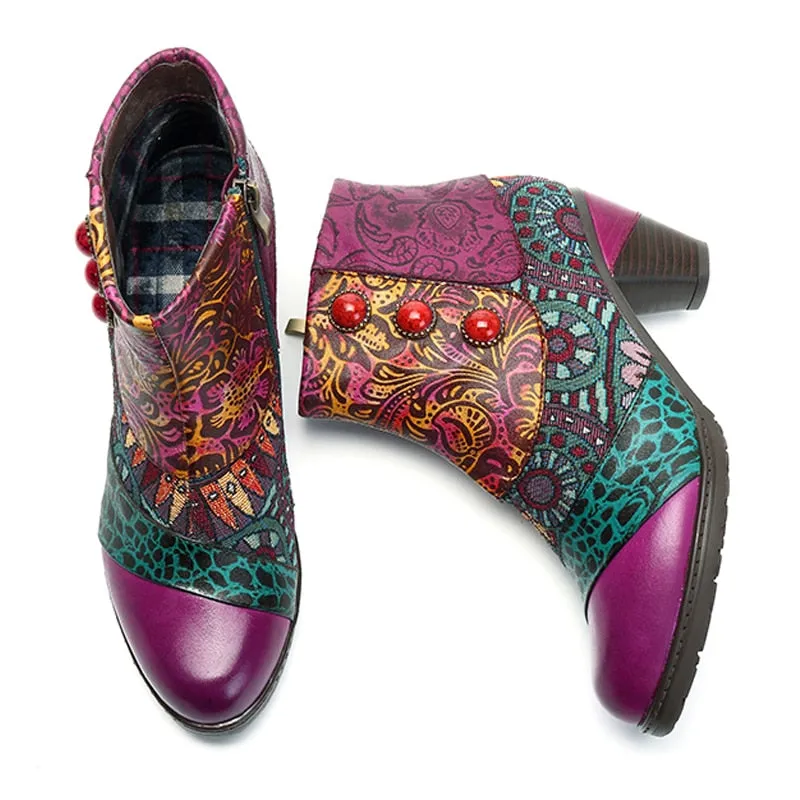 Women's Bohemian Fashion Leather Square Heels Ankle Boots