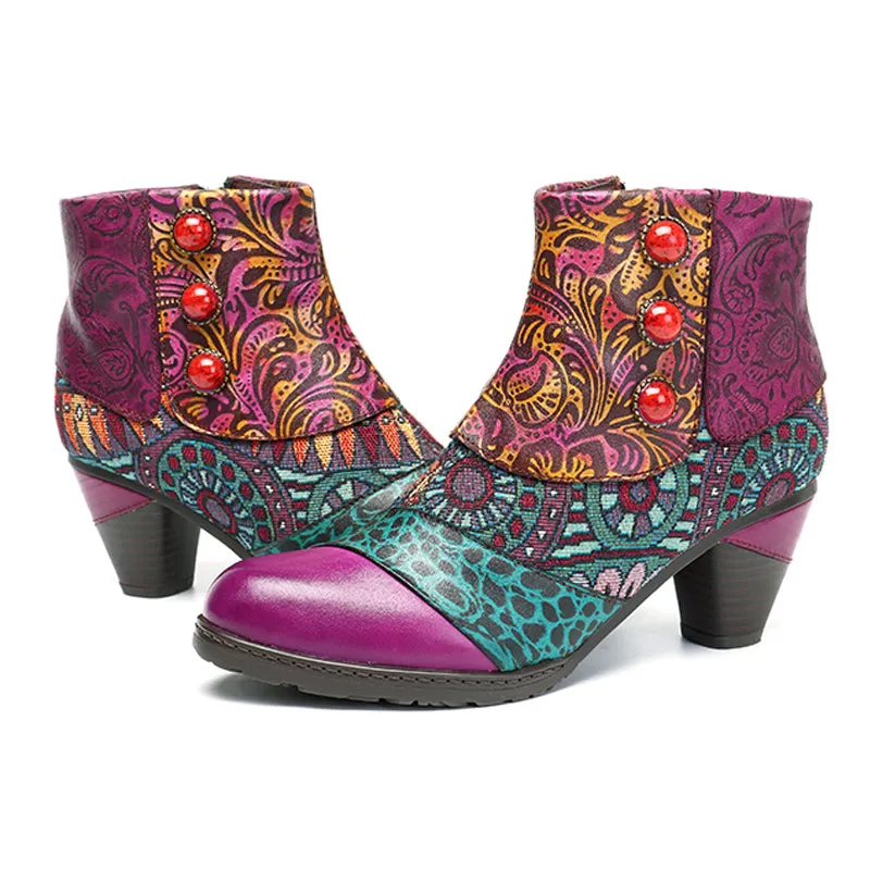 Women's Bohemian Fashion Leather Square Heels Ankle Boots