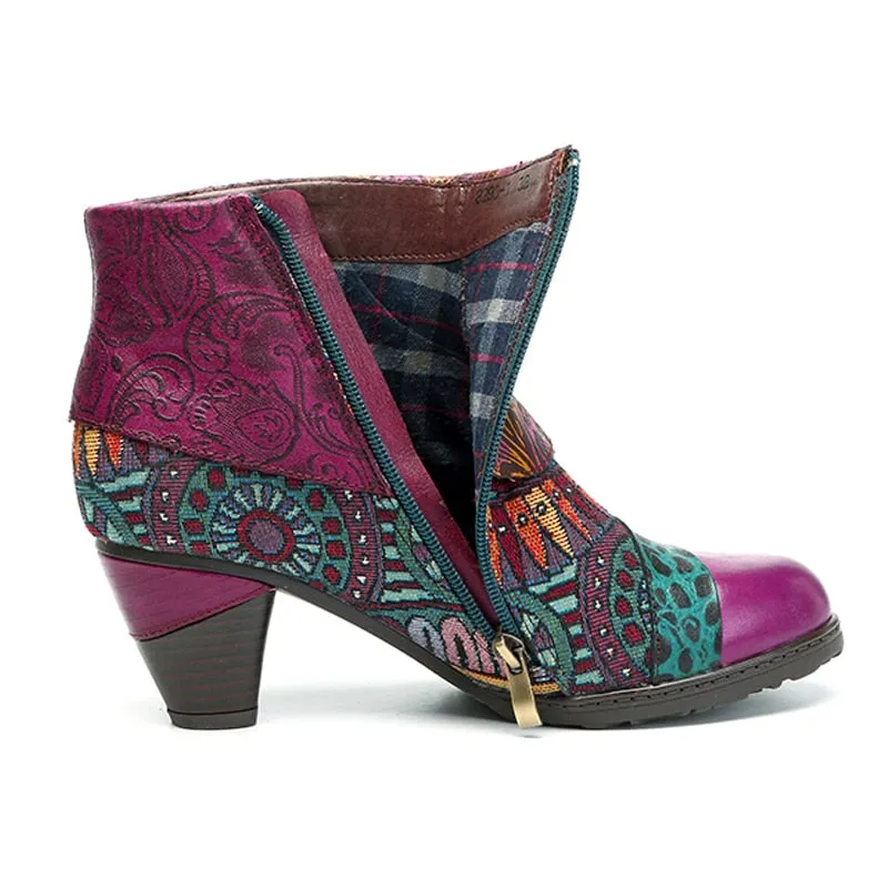 Women's Bohemian Fashion Leather Square Heels Ankle Boots