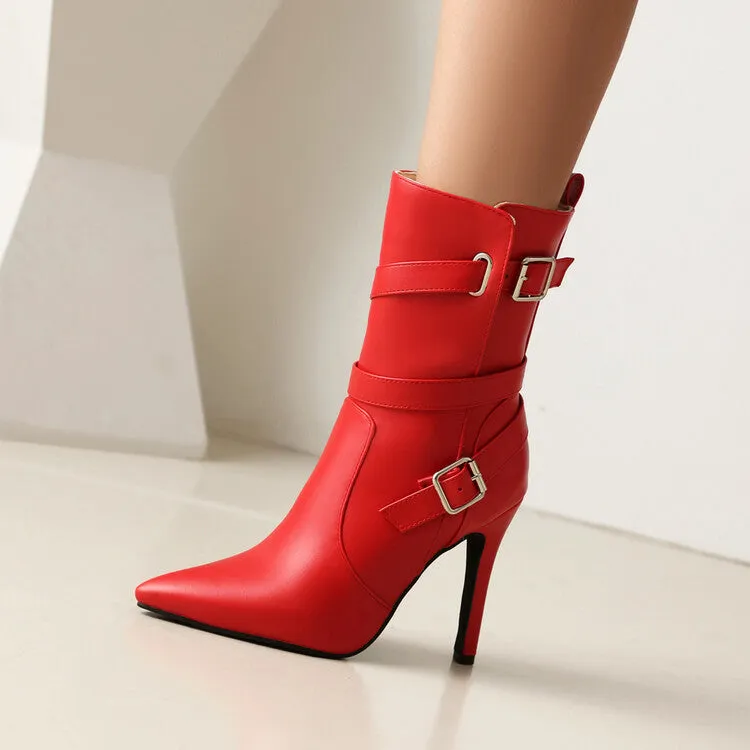 Women's Buckle Strap Pointed Toe Thin Heel Short Boots