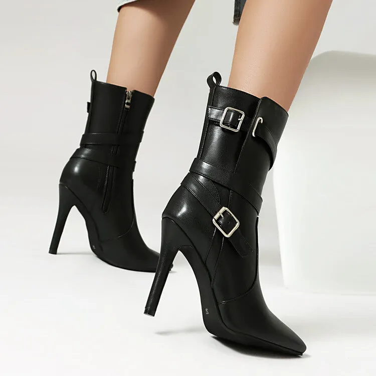 Women's Buckle Strap Pointed Toe Thin Heel Short Boots