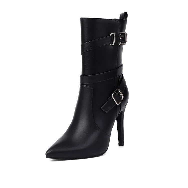 Women's Buckle Strap Pointed Toe Thin Heel Short Boots