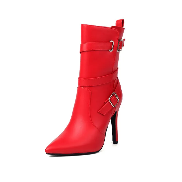 Women's Buckle Strap Pointed Toe Thin Heel Short Boots