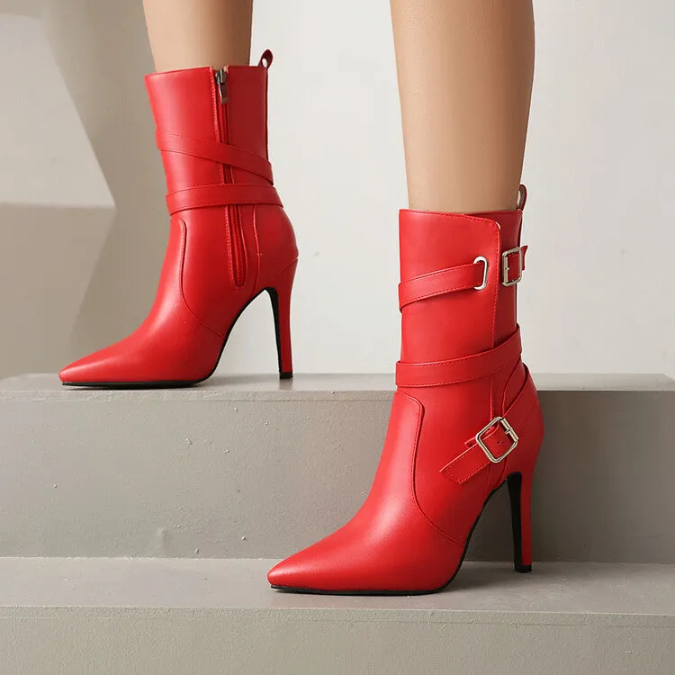 Women's Buckle Strap Pointed Toe Thin Heel Short Boots