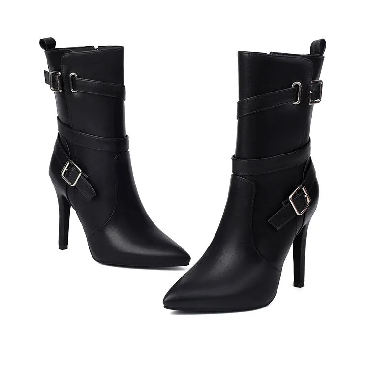 Women's Buckle Strap Pointed Toe Thin Heel Short Boots