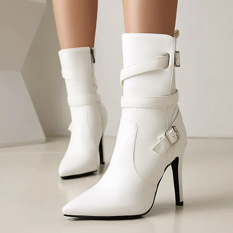 Women's Buckle Strap Pointed Toe Thin Heel Short Boots