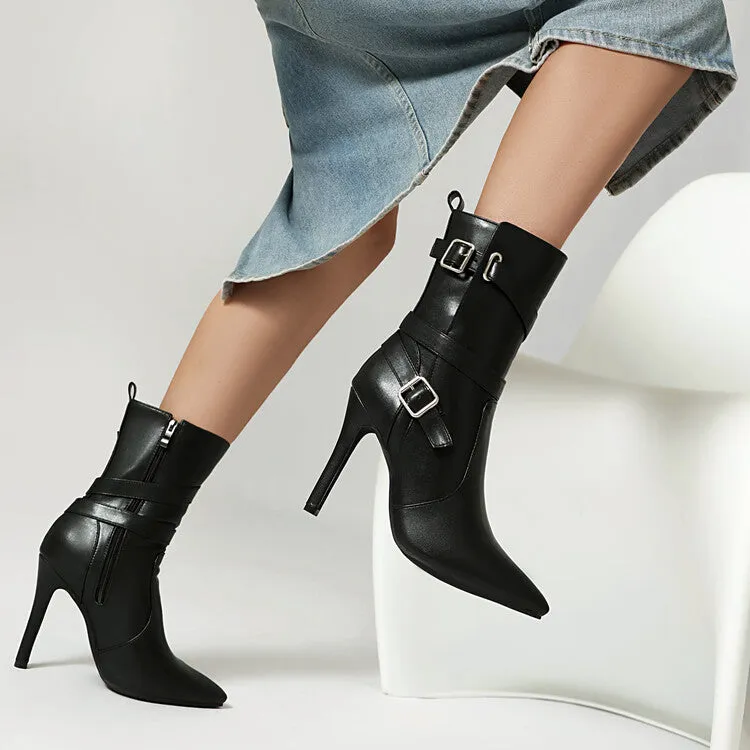 Women's Buckle Strap Pointed Toe Thin Heel Short Boots