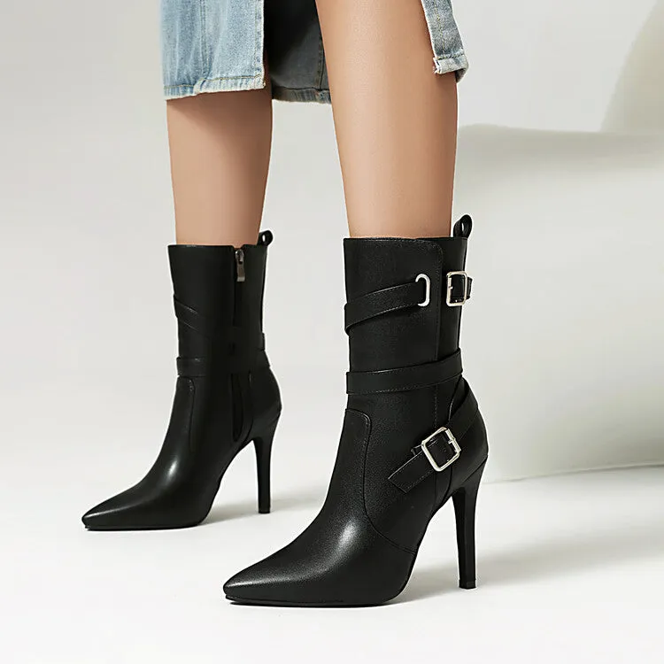 Women's Buckle Strap Pointed Toe Thin Heel Short Boots