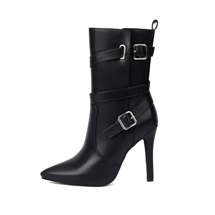 Women's Buckle Strap Pointed Toe Thin Heel Short Boots