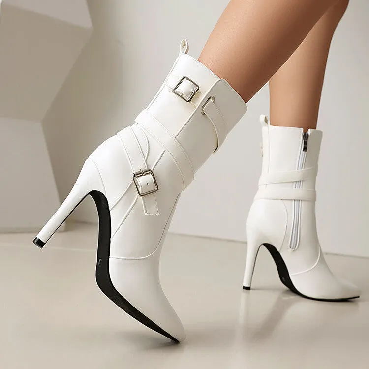 Women's Buckle Strap Pointed Toe Thin Heel Short Boots