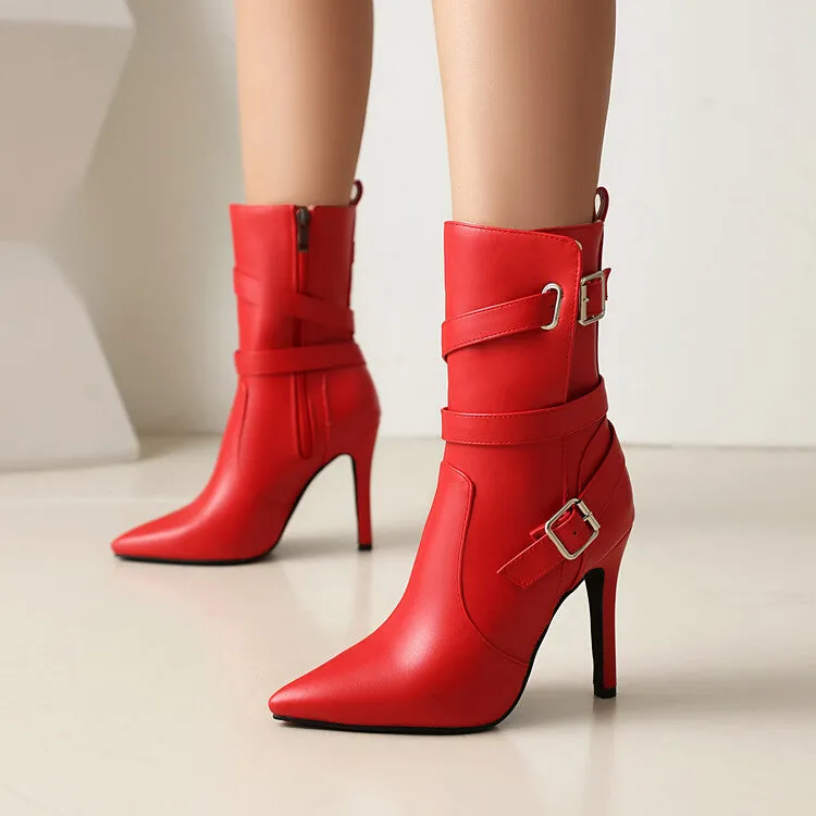 Women's Buckle Strap Pointed Toe Thin Heel Short Boots