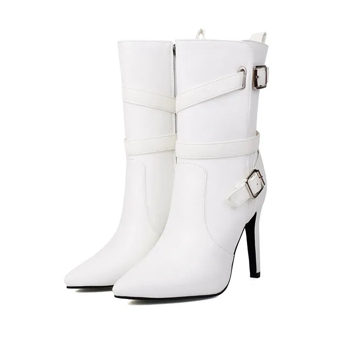 Women's Buckle Strap Pointed Toe Thin Heel Short Boots