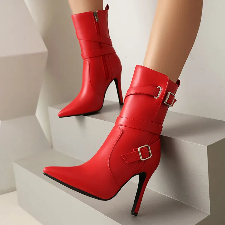 Women's Buckle Strap Pointed Toe Thin Heel Short Boots