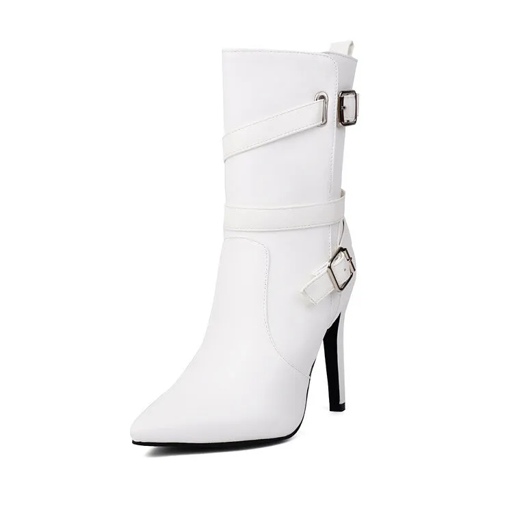 Women's Buckle Strap Pointed Toe Thin Heel Short Boots