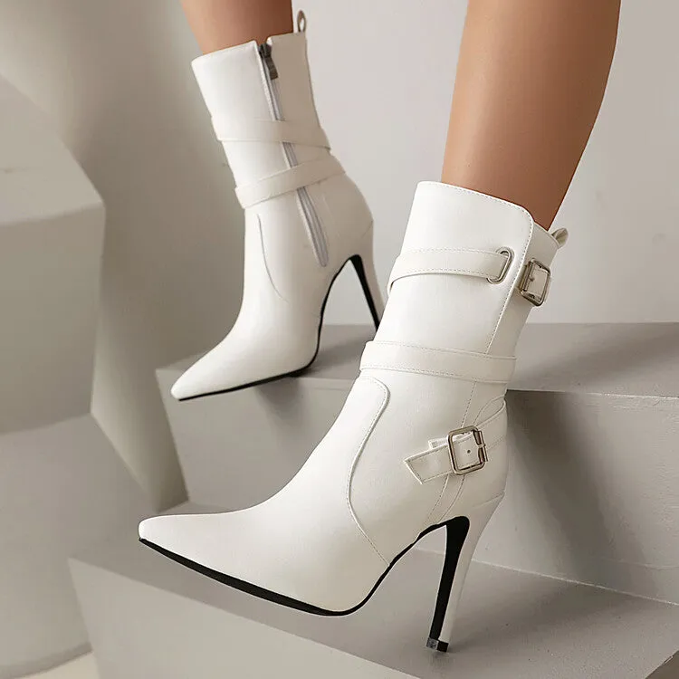 Women's Buckle Strap Pointed Toe Thin Heel Short Boots
