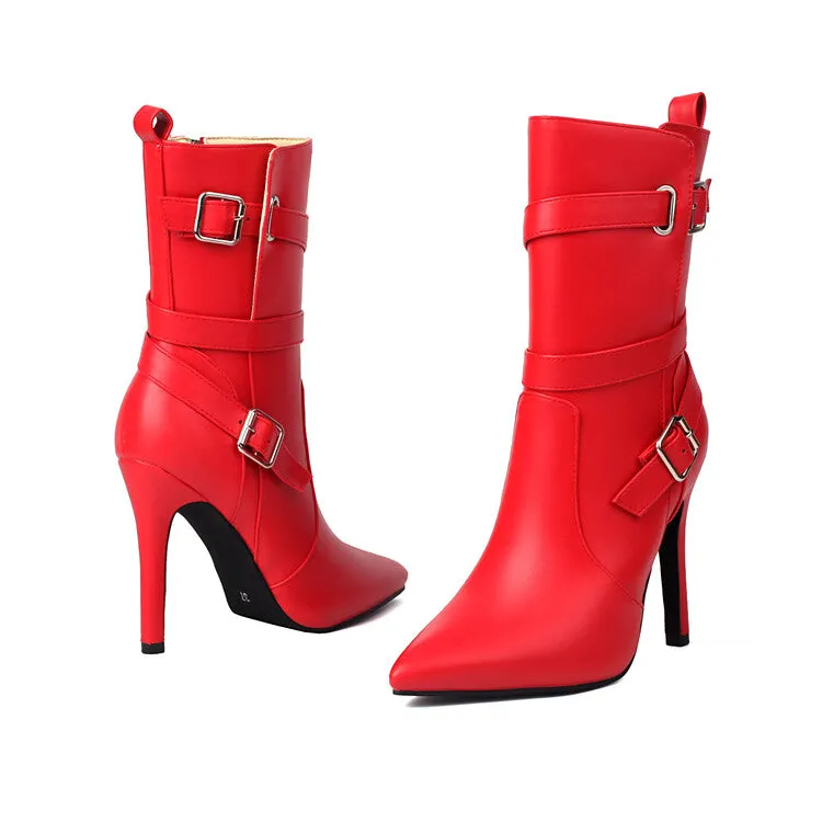 Women's Buckle Strap Pointed Toe Thin Heel Short Boots