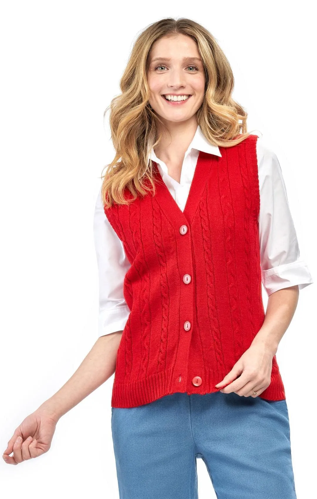 Women's Button Front Cable Knit Cardigan Sweater Vest - Button Up Styling in a Timeless Cable Knit