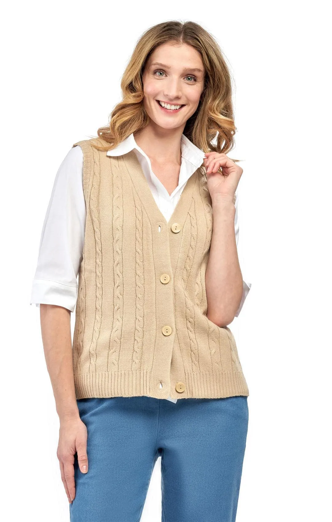 Women's Button Front Cable Knit Cardigan Sweater Vest - Button Up Styling in a Timeless Cable Knit