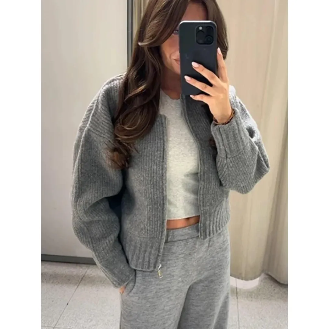 Women's Cozy Cropped Knitted Cardigan | Zipper