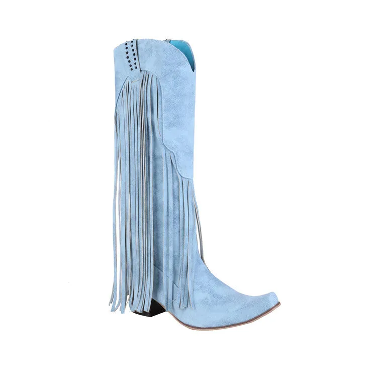 Women's Flock Pointed Toe Tassel Rivets Block Heel Cowboy Mid Calf Boots