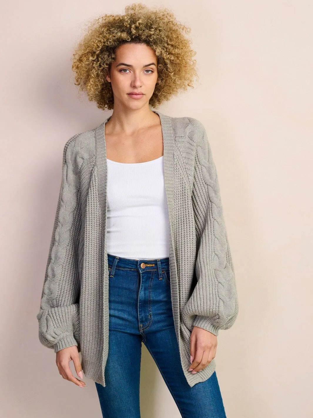 WOMEN'S LONG BALLOON SLEEVE OPEN FRONT KNIT CARDIGAN