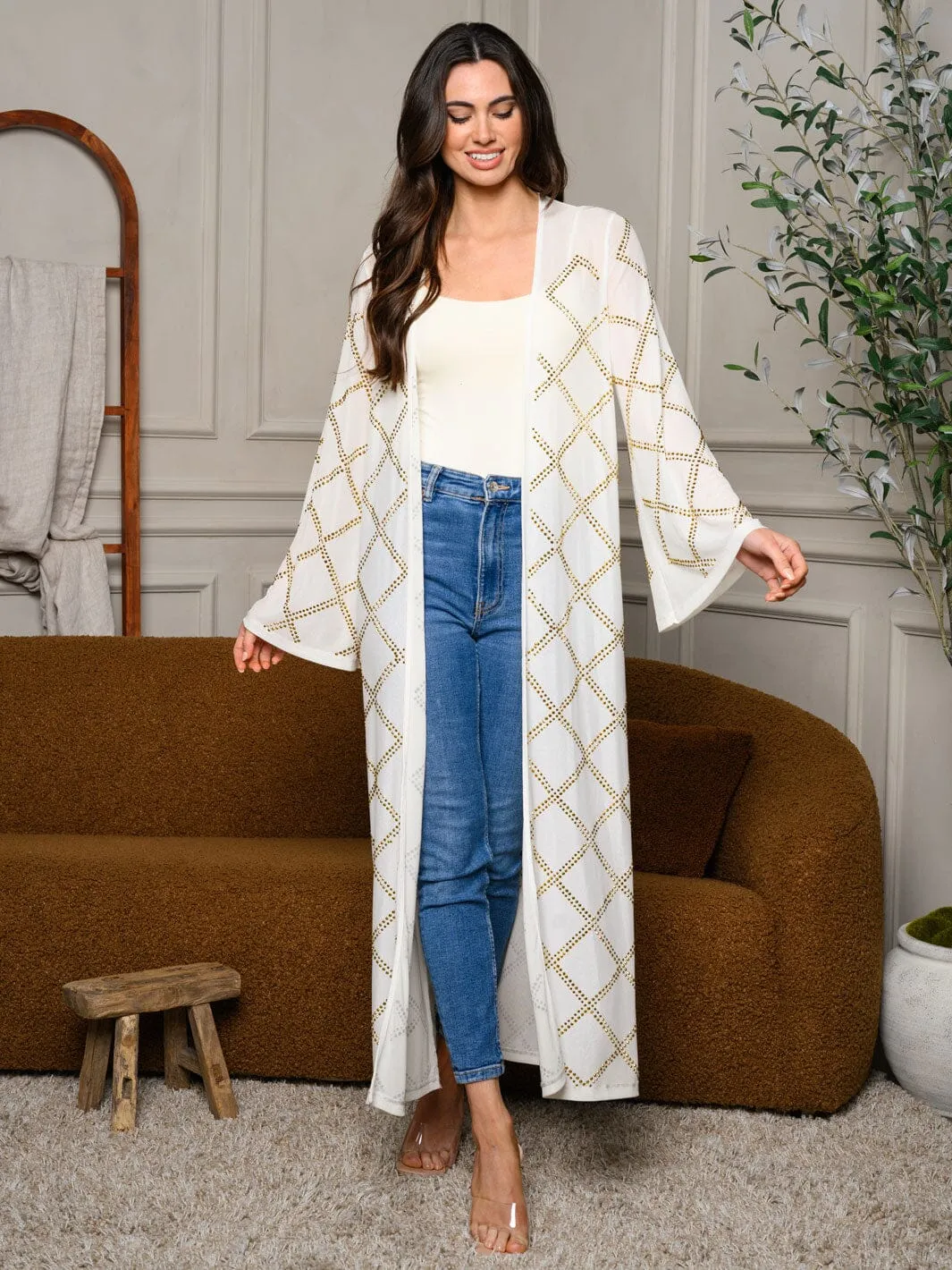 WOMEN'S LONG BELL SLEEVE RHINESTONES DETAILED CARDIGAN