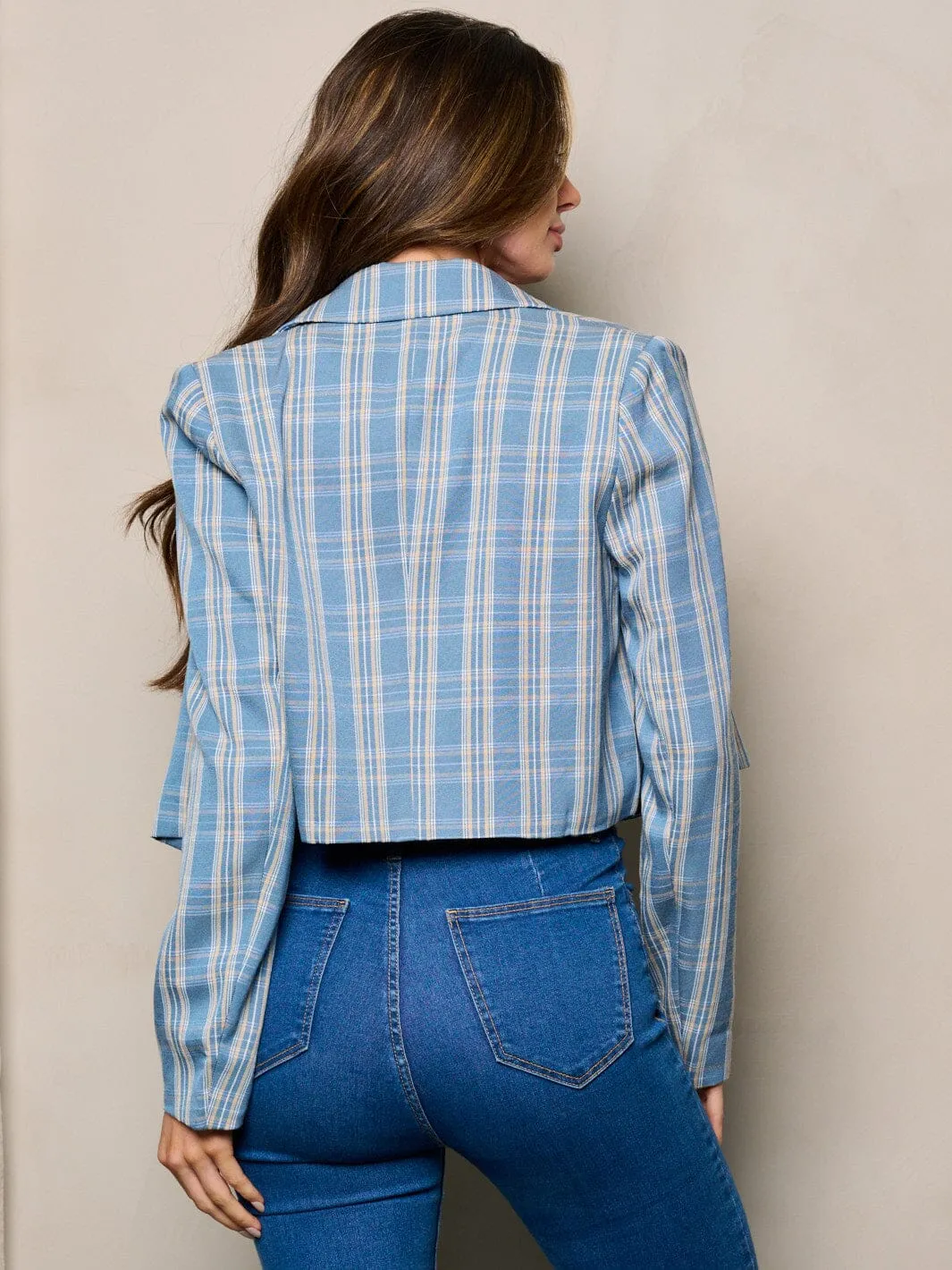 WOMEN'S LONG SLEEVE BUTTON CLOSURE PLAID BLAZER