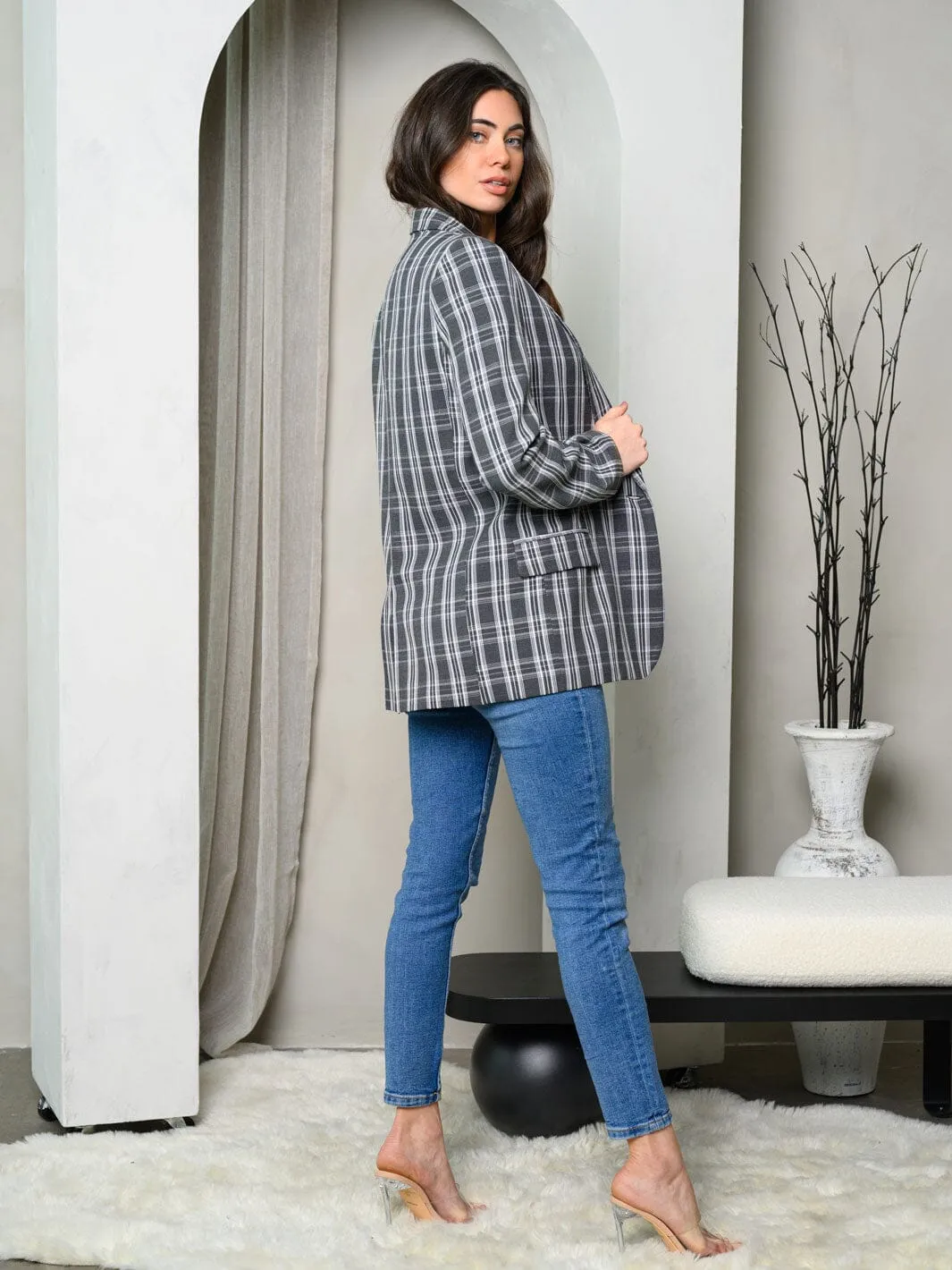 WOMEN'S LONG SLEEVE BUTTON CLOSURE PLAID BLAZER