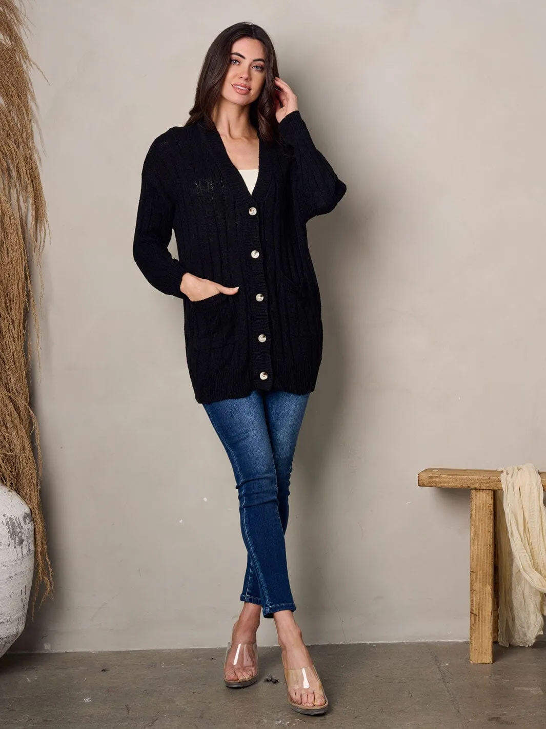 WOMEN'S LONG SLEEVE BUTTON UP POCKETS CARDIGAN