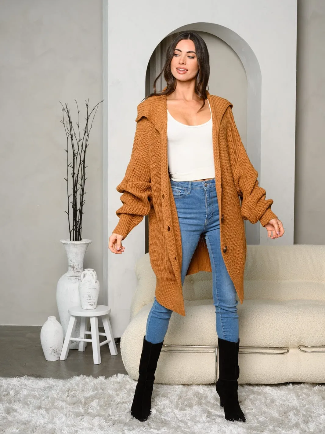 WOMEN'S LONG SLEEVE COLLAR BUTTON CLOSURE OVERSIZE CARDIGAN