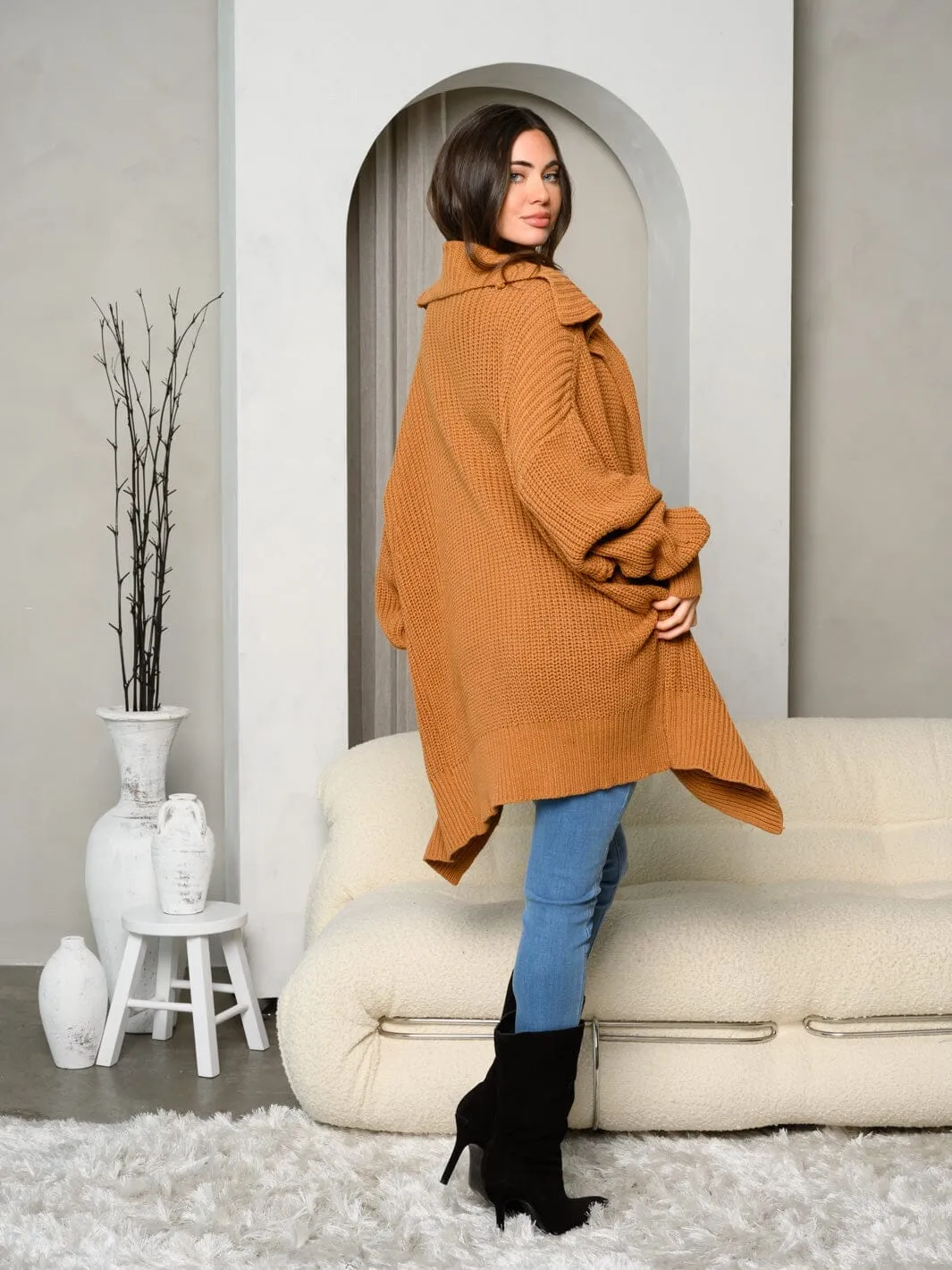 WOMEN'S LONG SLEEVE COLLAR BUTTON CLOSURE OVERSIZE CARDIGAN