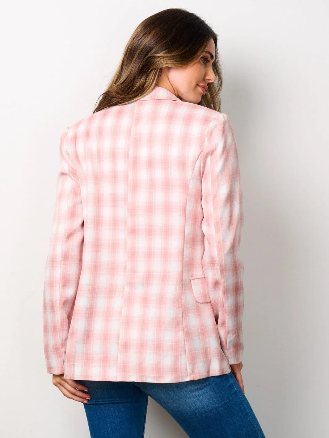 WOMEN'S LONG SLEEVE COLORBLOCK BUTTON CLOSURE PLAID BLAZER