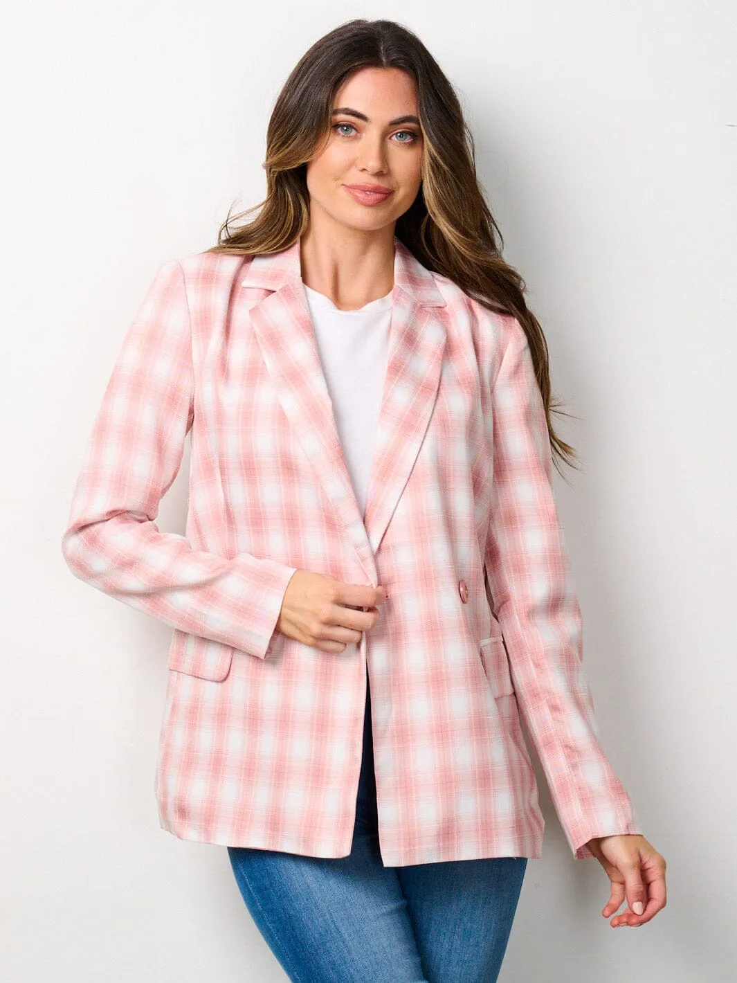 WOMEN'S LONG SLEEVE COLORBLOCK BUTTON CLOSURE PLAID BLAZER