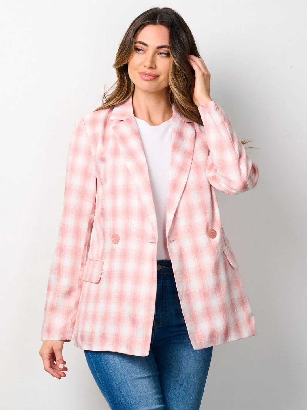 WOMEN'S LONG SLEEVE COLORBLOCK BUTTON CLOSURE PLAID BLAZER