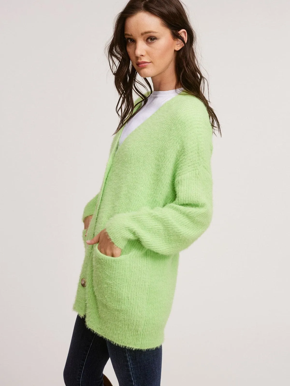 WOMENS LONG SLEEVE FRONT POCKETS BUTTON CLOSURE FUZZY CARDIGAN