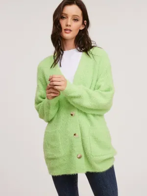 WOMENS LONG SLEEVE FRONT POCKETS BUTTON CLOSURE FUZZY CARDIGAN