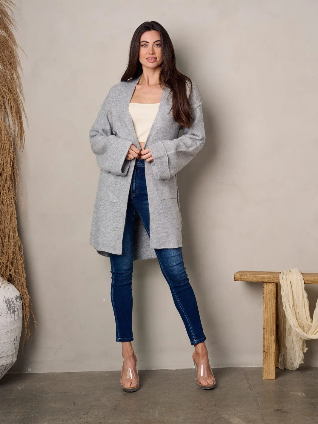 WOMEN'S LONG SLEEVE FRONT POCKETS OPEN CARDIGAN