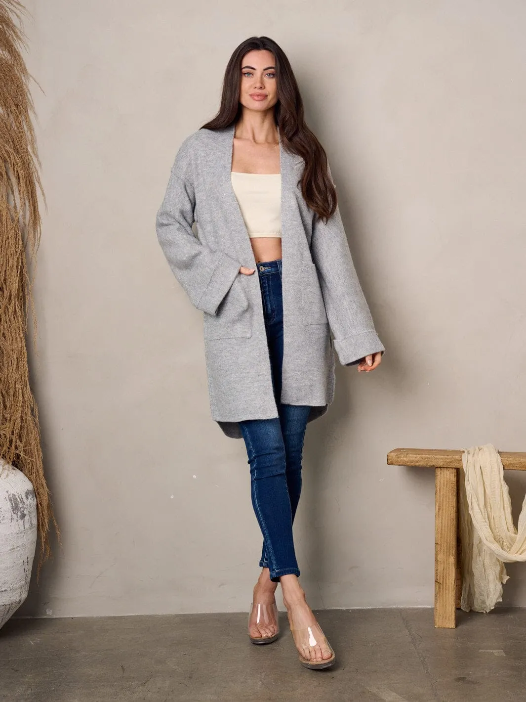 WOMEN'S LONG SLEEVE FRONT POCKETS OPEN CARDIGAN