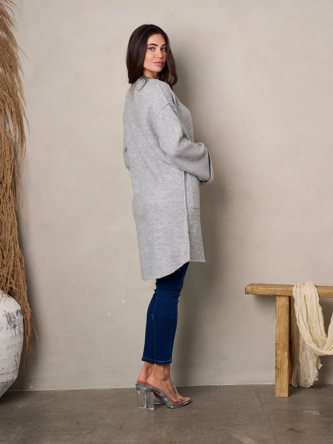WOMEN'S LONG SLEEVE FRONT POCKETS OPEN CARDIGAN