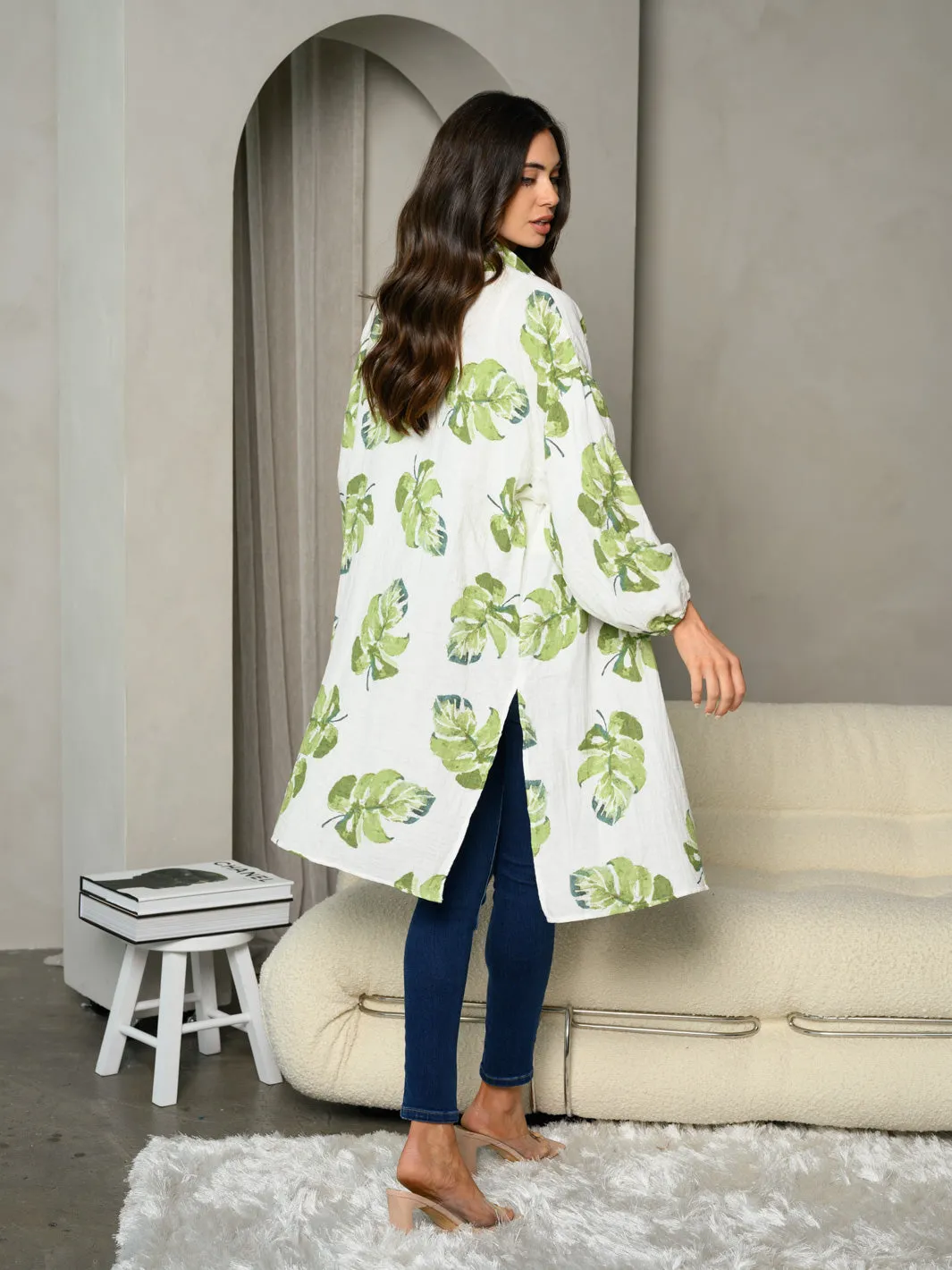 WOMEN'S LONG SLEEVE LEAF PRINT OPEN CARDIGAN